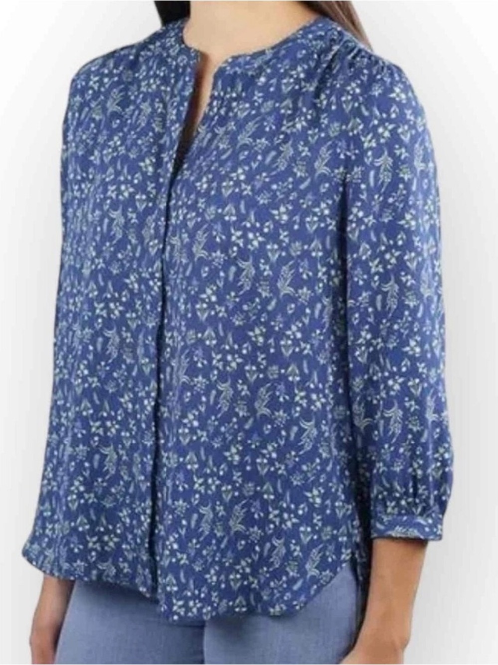 JACHS Girlfriend Blue Floral Button Front Blouse Top 3/4 Sleeves Size L